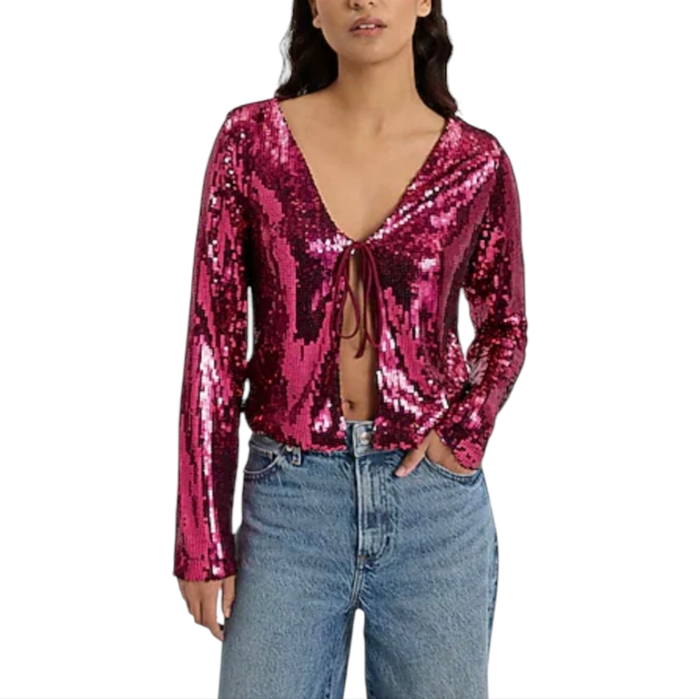 Express Pink‎ Sequin Tie-Front Top NWT Size XS - Picture 2 of 10